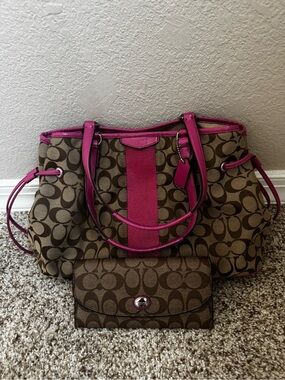 Coach Brown Signature Canvas Tote with Pink Trim and Wallet